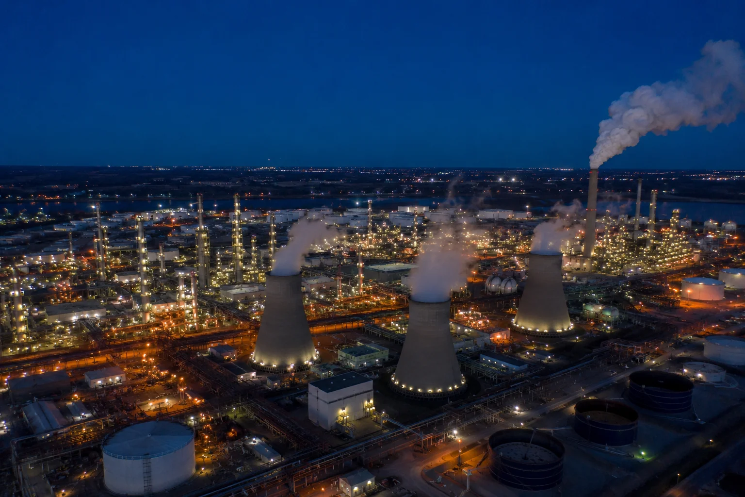 Aerial night view of oil refinery