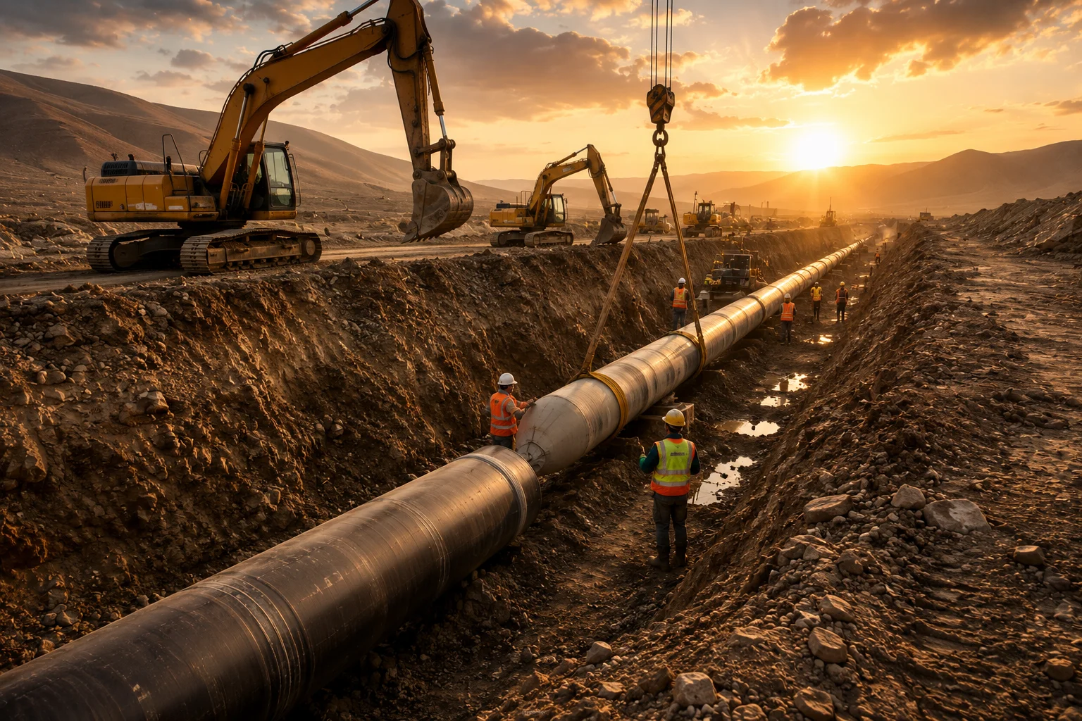 Pipeline construction at sunset