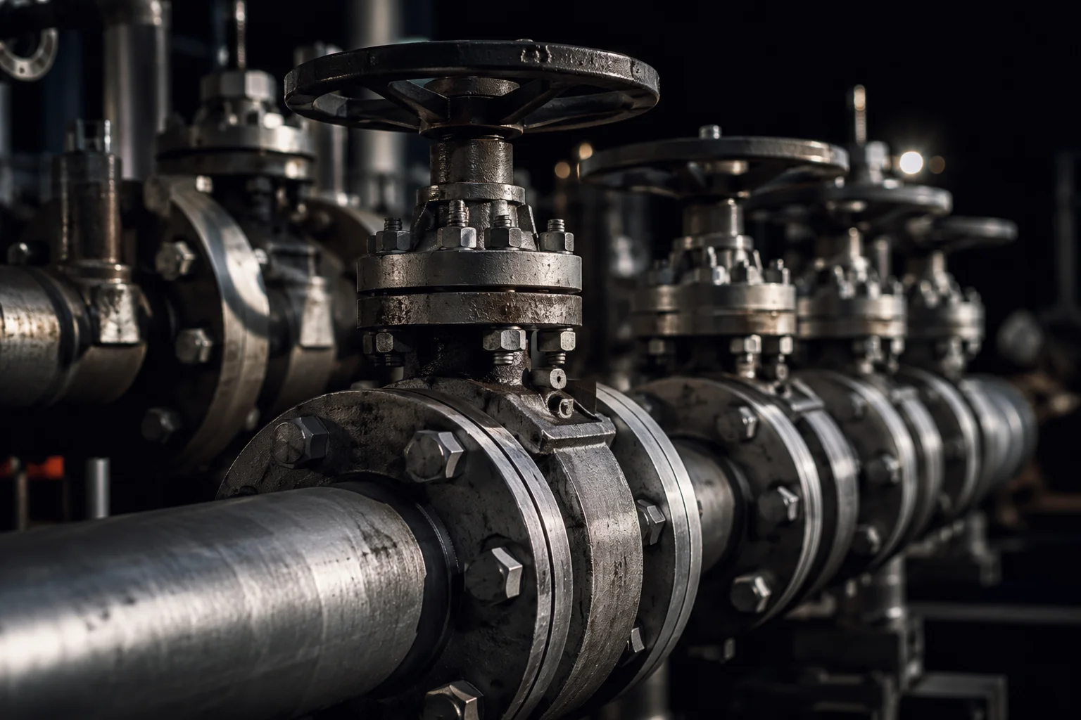 Industrial pipeline valves closeup